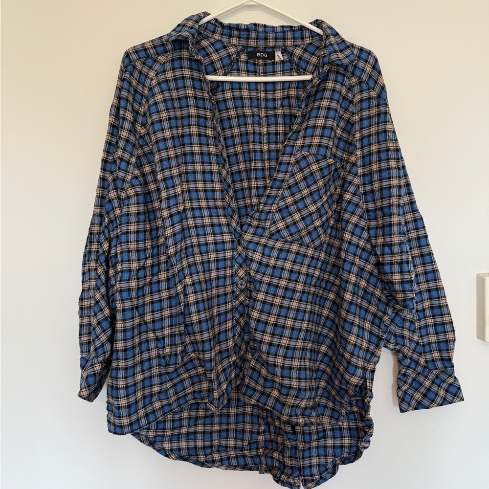 BDG Navy and Tan Plaid Button-Down Shirt